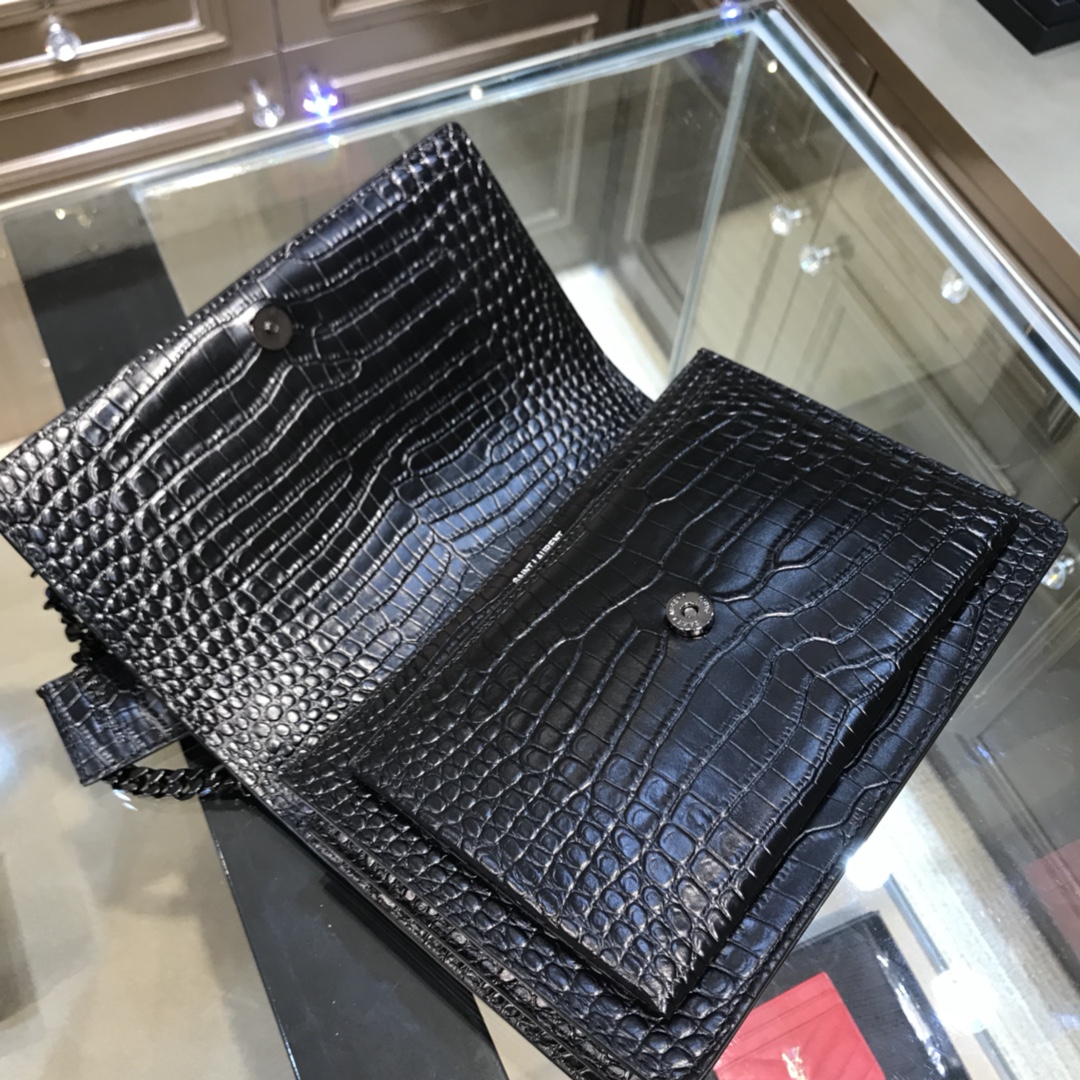 Saint Laurent Sunset Crocodile Embossed Calfskin Handbag Shoulder Bag Black 442906 Black